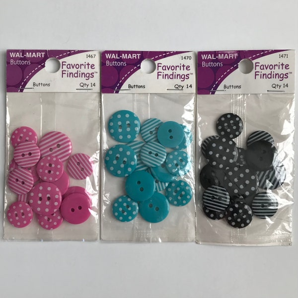 Crafting Buttons, with stripes, polka dots or plain Packages of 14 total 5/8 or 3/4 inch sizes, Plastic in Pink, Blue, or Black your choice