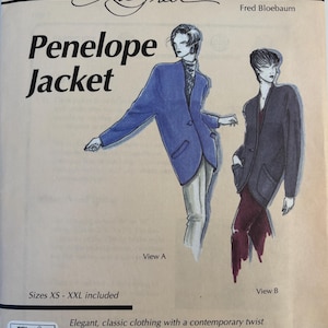 May include: A sewing pattern envelope for the Penelope Jacket by La Fred, featuring illustrations of two jacket styles. View A shows a blue jacket, and View B shows a dark jacket. The text includes Clothing Designs by La Fred, Fred Bloebaum, and Sizes XS - XXL included.