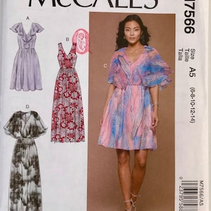 McCall&#39;s 7566 Flirty Dresses with v-neck, fitted bodice, sleeve variations length variations Sewing Pattern size 6-14 UNCUT