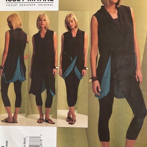 May include: A sewing pattern envelope for an Issey Miyake Vogue Designer Original, model V1114. The pattern features a sleeveless black tunic with a draped front and back panel in teal, paired with black cropped leggings, shown in multiple views.