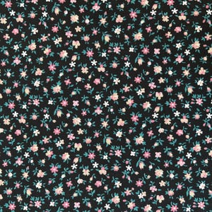 Pink, Peach, white tiny floral print fabric on black background Vintage Small flowers Calico ditsy floral by Peter Pan Fabrics 59 inch width