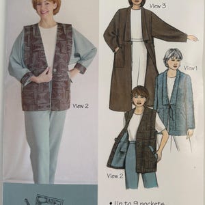 May include: A sewing pattern envelope titled Journey Jacket Two SAF-T-POCKETS Travelwear #9600. It displays illustrations of jackets with up to 9 pockets, two lengths, sizes XS-3XL, and detachable sleeves. The cover shows three jacket views.