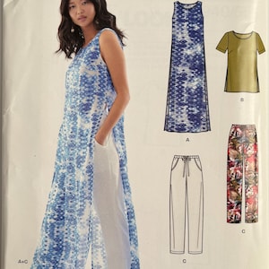 May include: A New Look sewing pattern featuring a sleeveless maxi dress, a short-sleeved top, and pants. The dress has a blue and white tie-dye pattern. The pattern includes sizes U.S. 8-18.