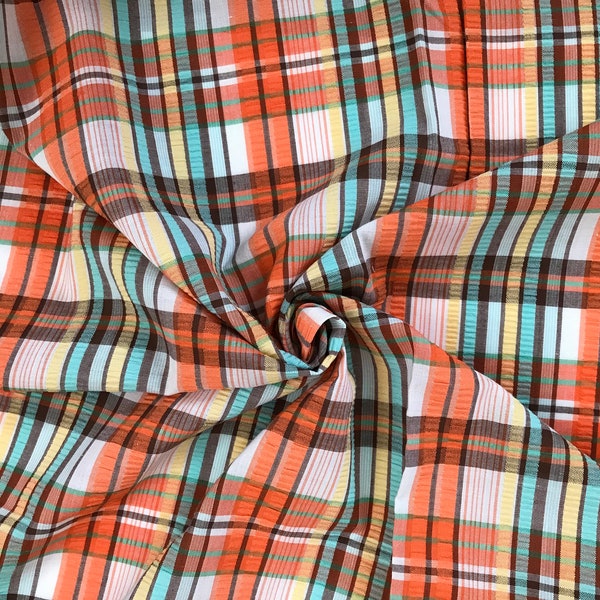 Woven texture Plaid fabric in orange, aqua blue, yellow, white, brown, for summer shorts, skirts, dresses Vintage "tutti frutti" texture BTY