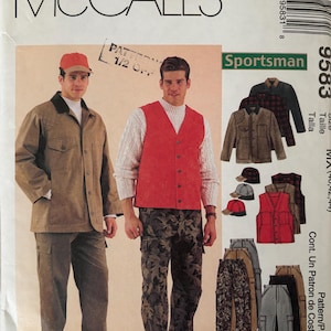 May include: McCall's 9583 sewing pattern envelope featuring illustrations of a sportsman collection. Includes a tan jacket with a dark collar, a red button-front vest, camouflage cargo pants, and a matching baseball cap with various color options.