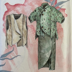 May include: A sewing pattern envelope titled The Peony #107 featuring illustrations of a beige vest, a green patterned top, and a green wrap skirt. The text reads Top, Vest & Wrap Skirt Designed & Illustrated by Diane Ericson on a white background.