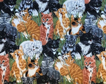 Vintage Cat Print Fabric, Realistic looking cats in grass, various color cats by 5th Avenue Designs by the yard or 1 2/3 yards, 52 in wide