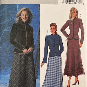 May include: Butterick sewing pattern 4020 for a jacket and skirt ensemble. The pattern envelope displays illustrations of three variations of a long-sleeved jacket paired with a long skirt, featuring different fabric textures and patterns.