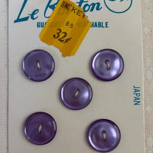 Violet Purple Buttons, Scant 5/8&quot; buttons by Le Bouton, shiny smooth surface- 5 total buttons, 2-hole plastic, washable, made in Japan