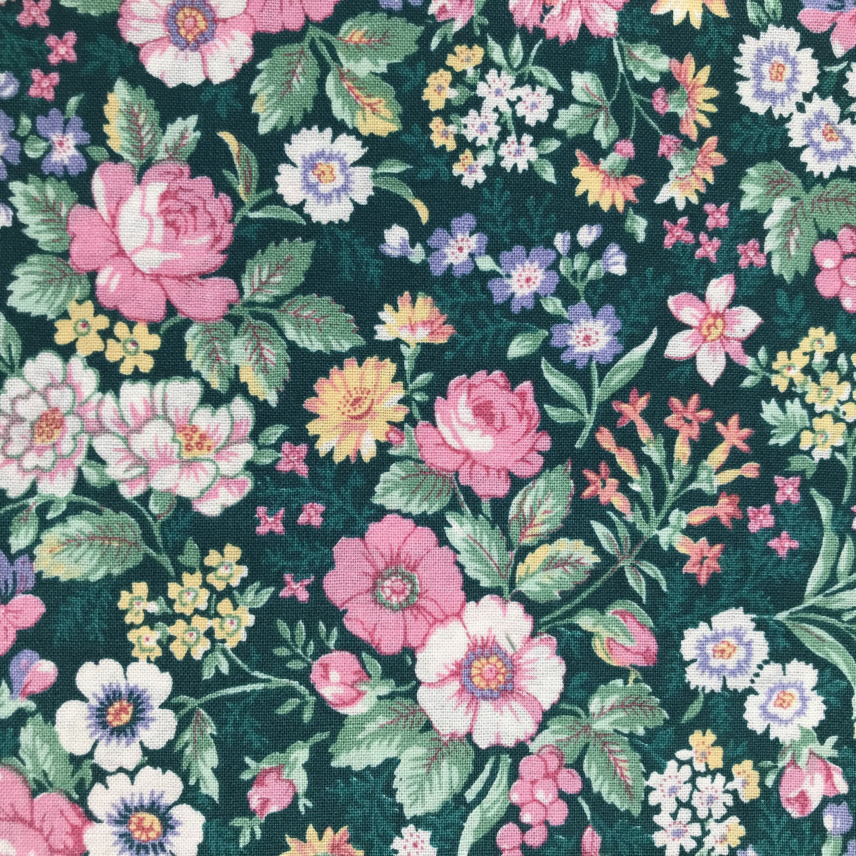 Vintage Floral Print Fabric, Pink, White, Yellow, Blue Flowers on