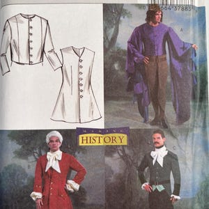 May include: Butterick B4155 sewing pattern envelope featuring Making History designs. Includes illustrations and photographs of historical-style jackets, vests, and coats with buttons, collars, and cravats in red, green, and purple color variations.