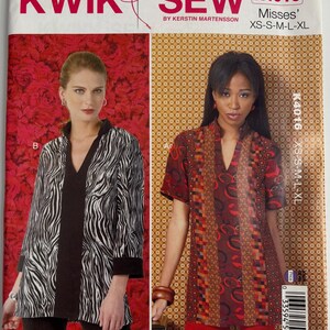 May include: A Kwik Sew sewing pattern envelope K4016 for tops in sizes XS-XL. The front displays two variations of a tunic with a V-neckline and center panel. One version features a black and white zebra print, while the other has a red and brown geometric pattern.