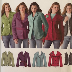 May include: Simplicity sewing pattern featuring women's jackets in various colors: green, purple, teal, red, and a vest. The pattern includes different jacket styles with details like belts, collars, and button closures. The pattern number is 4032.