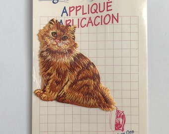 Cat Appliqué Patch Iron on realistic-looking Golden Tan sitting cat patch, Rayon, Made in Taiwan, 3" x 2.5" Wrights cat patches for crafts