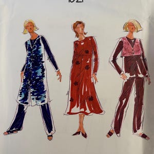 May include: A sewing pattern envelope from Paw Prints Pattern Company, number 1021, titled LAYERS. The illustration features three figures wearing different outfits: a blue patterned tunic over pants, a red dress with dark floral motifs, and a pink vest over a dark top and pants.
