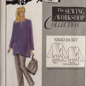 May include: A sewing pattern envelope for The Sewing Workshop Collection Nikko Jacket. The illustration shows a purple jacket with a wrap front, long sleeves, and patch pockets, paired with dark trousers and a bag. Includes line drawings for View A and B.