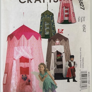 May include: A McCall's Crafts pattern for making children's play tents. The pattern features several tent designs, including a pink princess tent, a red and white striped tent, and a camouflage tent. The pattern number is M5827.