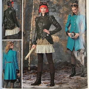 May include: Simplicity S0497 Couture Costumes sewing pattern envelope featuring illustrations of two outfits: a black jacket with buckles and a teal pinstriped coat. The packaging includes text labels, size information, and the Arkivestry brand logo.