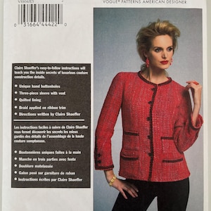 May include: Vogue Patterns sewing pattern for a Claire Shaeffer Custom Couture Collection jacket. The red jacket has black trim, three buttons, and two pockets. The pattern size is E5 (14-16-18-20-22).