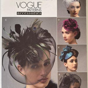 May include: Vogue Patterns accessories package featuring various headpieces. The image displays several designs, including a white headpiece with feathers, a dark red floral headpiece, a teal bow headpiece, and a black headpiece with a veil and feathers.