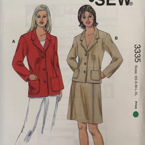 May include: Kwik Sew pattern 3335 for misses' sizes XS-XL. The pattern features a red blazer with pockets and a tan skirt suit. The pattern includes the text "KWIK SEW" and "Pattern 3335".