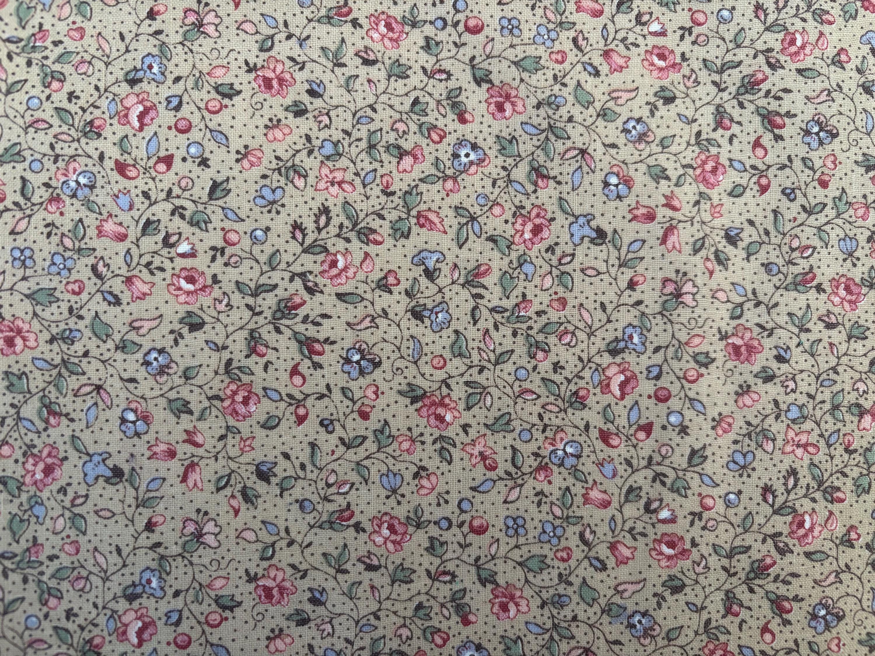 Tiny floral print fabric, quilting cotton small ditsy flowers, pink, blue flowers on light tan background with dots, by the yard or more
