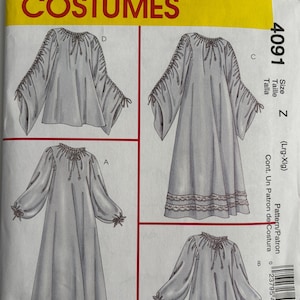 May include: McCall's Costumes sewing pattern 4091, size Z, Lrg-Xlg. The envelope features illustrations of four garment variations: two long-sleeved tunics and two long dresses, all with gathered necklines, tie closures, and loose sleeves.