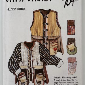 May include: A sewing pattern titled "JAVA JACKET #104" with illustrations of a jacket and vest. The jacket has a striped sleeve and the vest is tan. The pattern includes detachable pockets and turn back cuffs. Designed and illustrated by Diane Ericson.