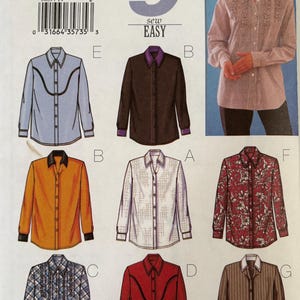 May include: Butterick sewing pattern 3639 for button-down shirts in sizes 14, 16, and 18. The envelope displays seven variations of long-sleeved shirts featuring different colors, patterns, and collar styles, including solid, plaid, floral, and striped designs.
