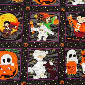 May include: A black fabric featuring a repeating pattern of Halloween-themed squares. The squares depict cartoon characters including a vampire, a mummy, a witch, and a ghost. Some squares show a ghost inside a jack-o'-lantern and text reading Trick or Treat.