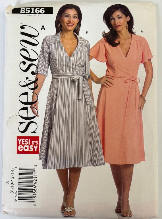 See & Sew 5166 Semi-fitted Wrap Dress below knee w/ optional collar easy  sewing pattern sizes 8-10-12-14 UNCUT
