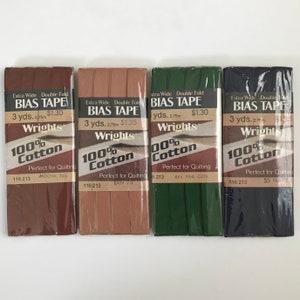 Brown, Tan, Navy, Pine Green Vintage Wrights &quot;Extra Wide&quot; double fold bias tape, 100% Cotton from the 1980s, multiple available, one pack