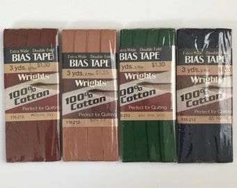 Brown, Tan, Navy, Pine Green Vintage Wrights "Extra Wide" double fold bias tape, 100% Cotton from the 1980s, multiple available, one pack