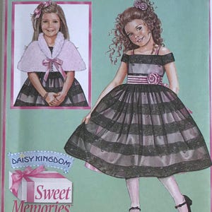 May include: Simplicity sewing pattern 4062, size AA 3,4,5,6, featuring Daisy Kingdom Sweet Memories designs. The envelope displays illustrations of a dress with a striped skirt and a bolero jacket with a faux fur collar, including a barcode.