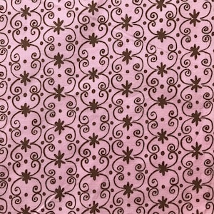 Pink fabric with brown flowers and curved lines, quilting cotton, &quot;Candy Apple&quot; by Dena Designs, sold by the yard