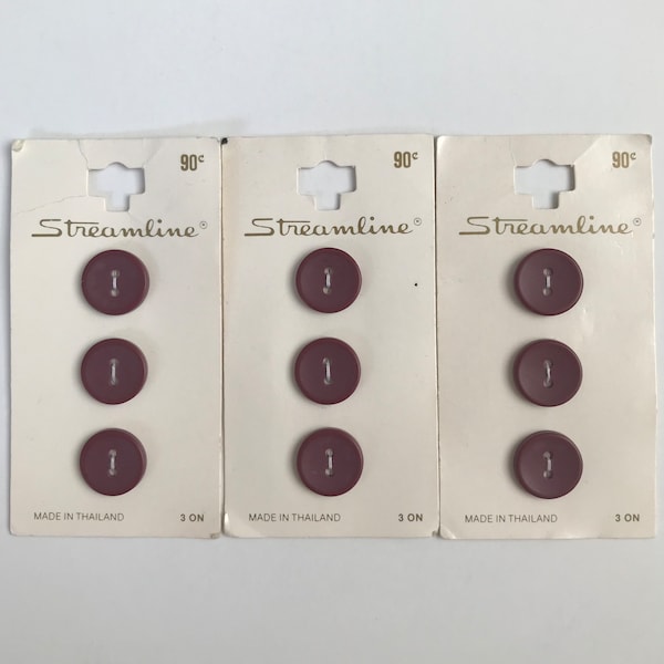 Vintage Burgundy buttons, 9/16" diameter 2-hole buttons 9 carded buttons on 3 cards by Streamline