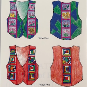 May include: A sewing pattern cover titled Grainline Gear A Division of Lorraine Torrence Designs and My Favorite Things. It displays two vest designs, View One and View Two, featuring floral and geometric block patterns with 4 inch blocks.