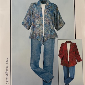 May include: A sewing pattern titled A Little Somthin' Jacket featuring two jacket variations with 3/4 or full-length sleeves. One jacket is blue with a leaf print, the other is red with a mottled pattern. Both are shown over a white top and blue jeans.