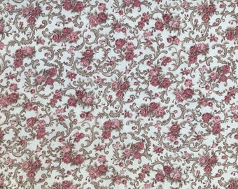 Floral quilting cotton fabric, cream w/ small flowers in shades of pink, with vine-like design by Peter Pan Fabrics, by the yard