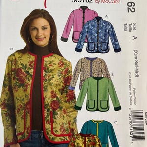 May include: Easy stitch 'n save M5162 by McCall's sewing pattern envelope featuring illustrations of long-sleeved jackets with round necklines, front closures, and patch pockets. The designs include floral, solid, and patterned fabrics in various colors.