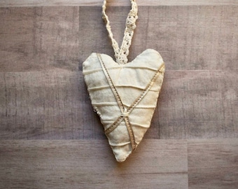Hand-stitched Heart Holiday Ornament - One-of-a-Kind Christmas Cloth Decoration - White Muslin, Caramel Linen, Cream Cotton Lace, Matte Gold