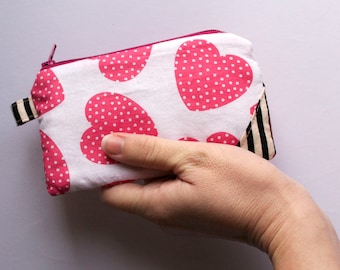 Strawberry Sweethearts - Cute cotton linen ooak Zipper Pouch - quilted zip bag - peach pink white dots - Valentines Day Gift - ready to ship