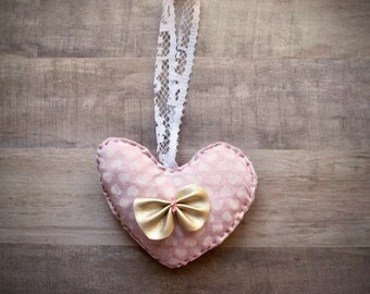 Pink and Gold Bow Hand-stitched Heart Holiday Ornament - One-of-a-Kind Christmas Cloth Decoration - Magenta Sari Cloth, Mauve Velvet, Lace