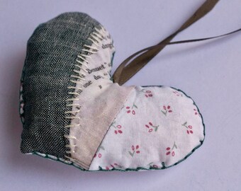 Regency Reveler Linen and Cotton Heart Holiday Ornament - One-of-a-Kind Christmas Cloth Decoration - gray, cream, white book pages, bow