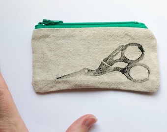 Stork Scissors Block Printed Rustic Cotton Zipper Pouch - Lined Zip Coin Purse - textile art - brown beige lined with green folk print ooak
