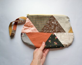 Patchwork Travel Tote with Zipper & Wrist Strap - crazy quit wristlet bag - fully lined One-of-a-kind slow fashion, Handmade in Kansas, USA