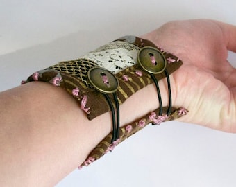 Tribal Print/Boho Lace/Gold Mesh Textile Cuff Bracelet - Cloth Art Jewelry bohemian Wrist Cuff hand stitched tribal bellydance brass buttons