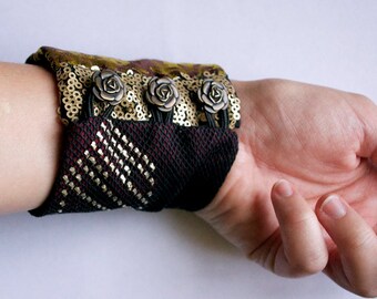 The Season of Ruby - Bohemian Cloth Cuff Bracelet - Tribal Jewelry - Assiuit Red Sari Rose Buttons - Handmade in Kansas, USA - Moth & Rust