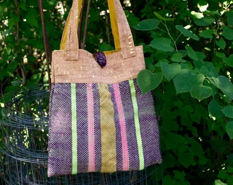 Le Tropical - Handwoven Striped Purse /  Tote - one of a kind bag - purple neon green hot pink stripes - gold and cork -handmade in Kansas