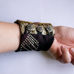 The Season of Ruby - Bohemian Cloth Cuff Bracelet - Tribal Jewelry - Assiuit Red Sari Rose Buttons - Handmade in Kansas, USA - Moth & Rust